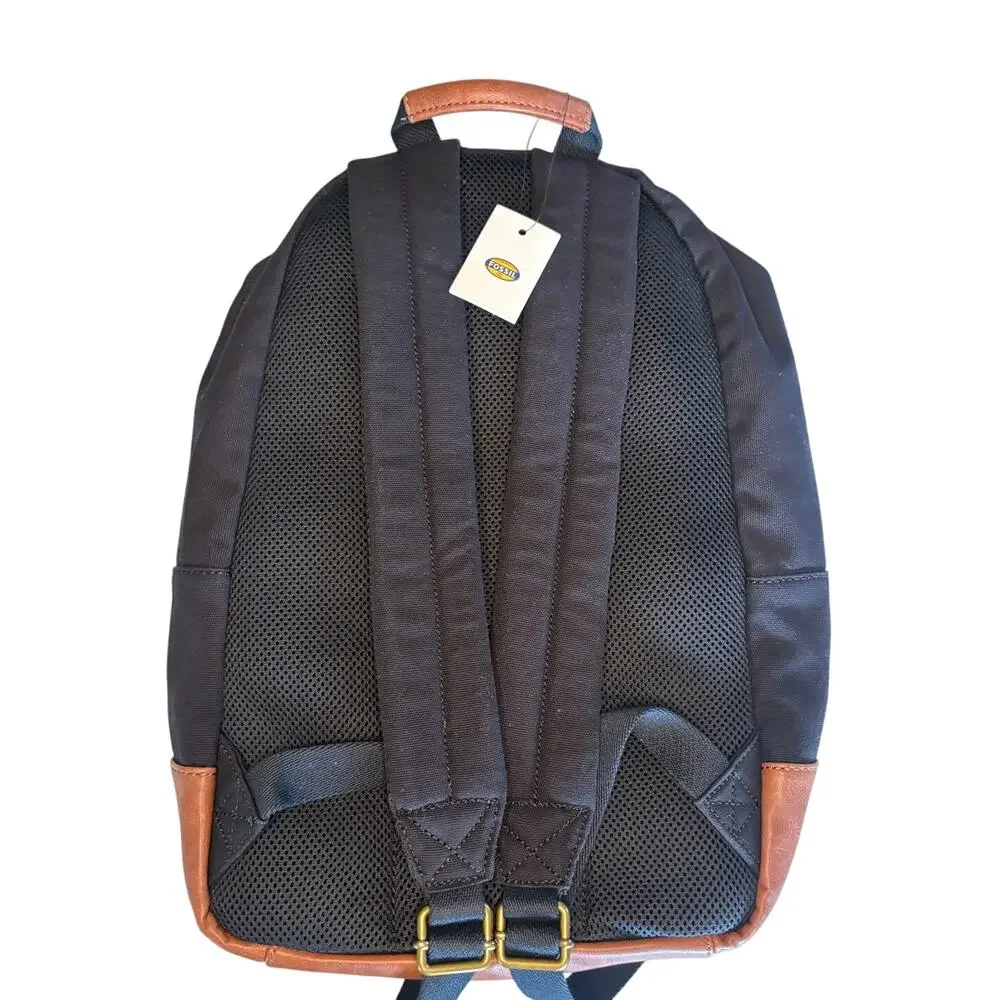 NWT Fossil Black Canvas & Brown Leather Classic Retro Vintage Backpack OS